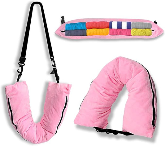 Travel Neck Pillow Stuffable with Clothes,Stuffable Neck Pillow for Traveling,Fillable Travel Neck Pillow Extra Storage Bag,Soft Velvet Neck Pillow Case Cover,Packable for Airplane Travel Essentials