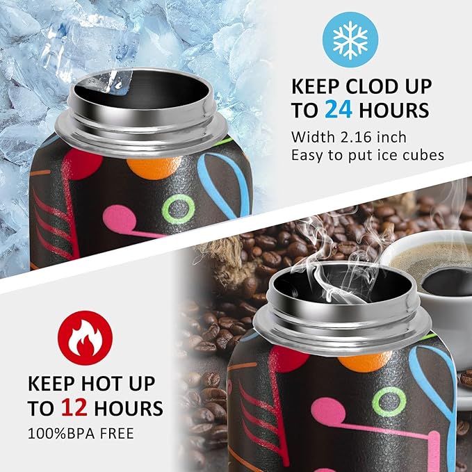 32 oz Music Water Bottle Insulated Vacuum Stainless Steel Sports Water Bottle with 2 Lids (Straw and Spout Lid) for Gym Camping Hiking