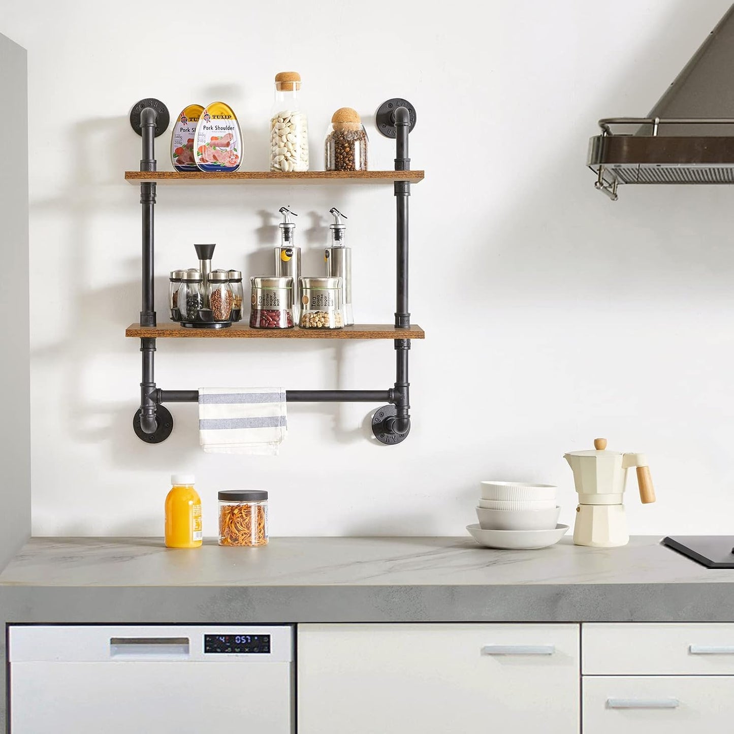 IBUYKE Pipe Floating Shelves,Rustic Iron 28.5 inches Industrial Pipe Shelf,2-Tier Wall Shelf with Towel Bar,Wall Mount Bookshelf for Bedroom,Kitchen,Living Room,Bathroom URF-TM014