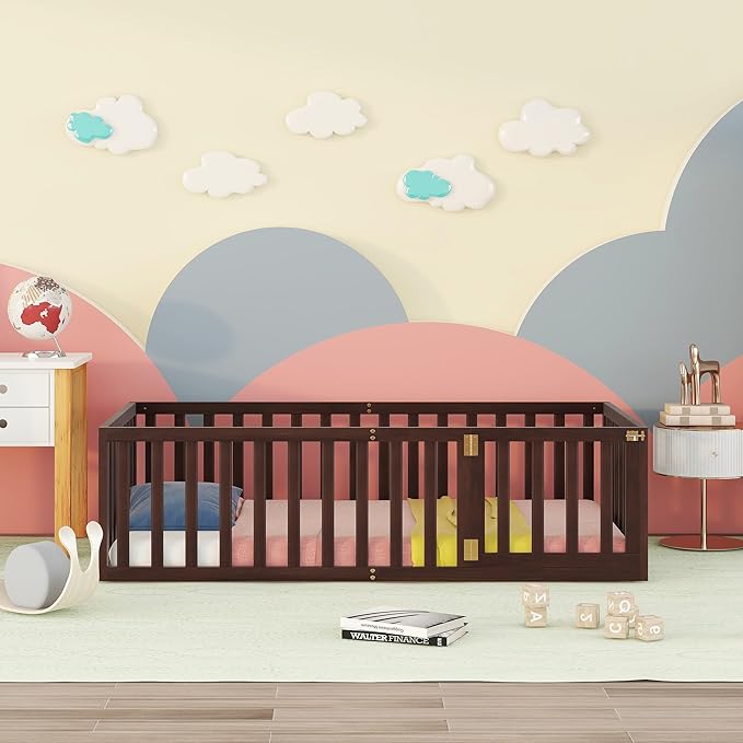 Twin Size Floor Bed with Fence, Solid Wood Floor Bed Frame for Kids with Door, Twin Platform Bed for Boys and Girls Kids Teens, Fun Design Multifunctional Floor Bed, for Children Bedroom