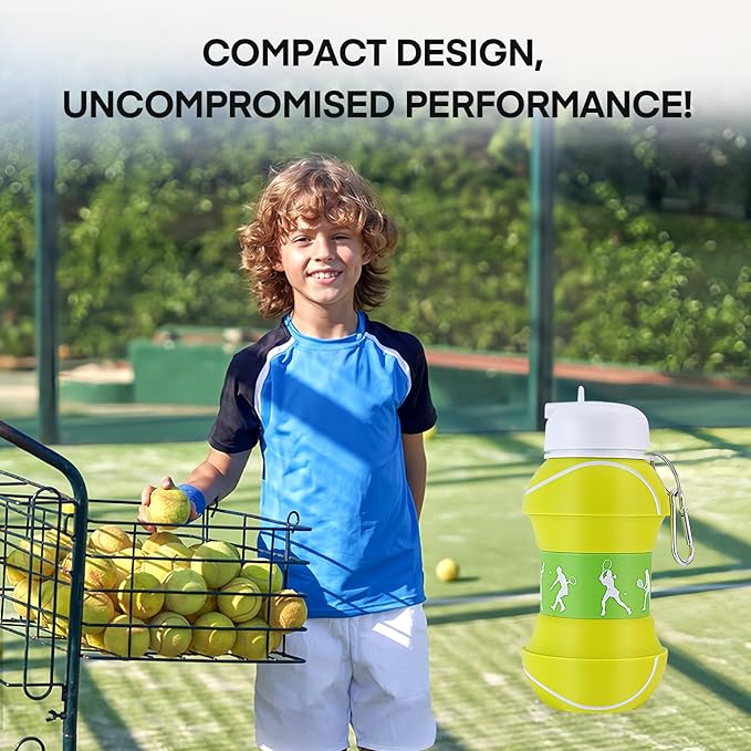 Kids Sports Collapsible Water Bottle | Ball Shaped Drinking Cup | Foldable BPA Free Leakproof Lightweight Silicon Jug | School Lunch Mug Team Gift Travel (Tennis 550ml/18.6oz)