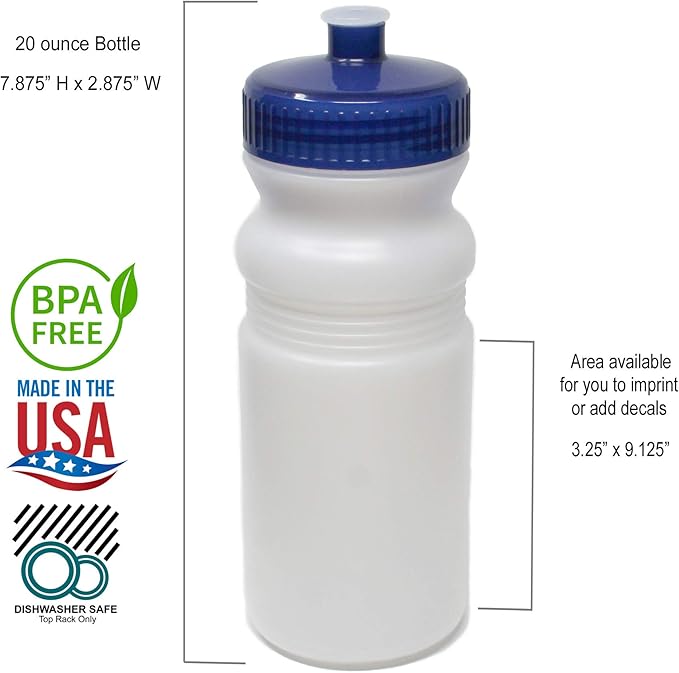 Rolling Sands 20 Ounce Sports Water Bottles 6 Pack, BPA-Free, Made In USA, Dishwasher Safe, Clear Frost Bottles/Navy Lids