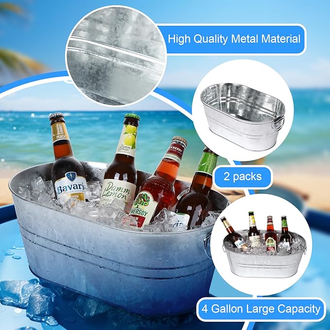 Galvanized Tub Beverage Tubs, 2pcs Metal Ice Buckets for Cocktail Bar 3 Gallon Wine Beer Drink Buckets with Handles Large Tub Cooler Mimosa Bar Supplies Ice Bucket for Parties (Galvanized)