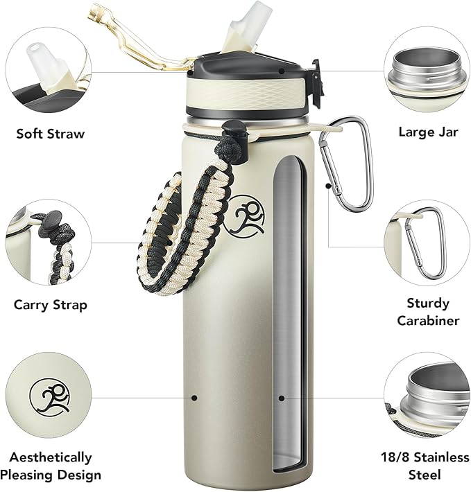 GOSWAG Insulated Sports Water Bottle, 24oz 2 Lids(with Straw/No Straw), Stainless Steel Water Bottles with Paracord Handle, Insulated Thermos with Double-Wall Vacuum Insulation