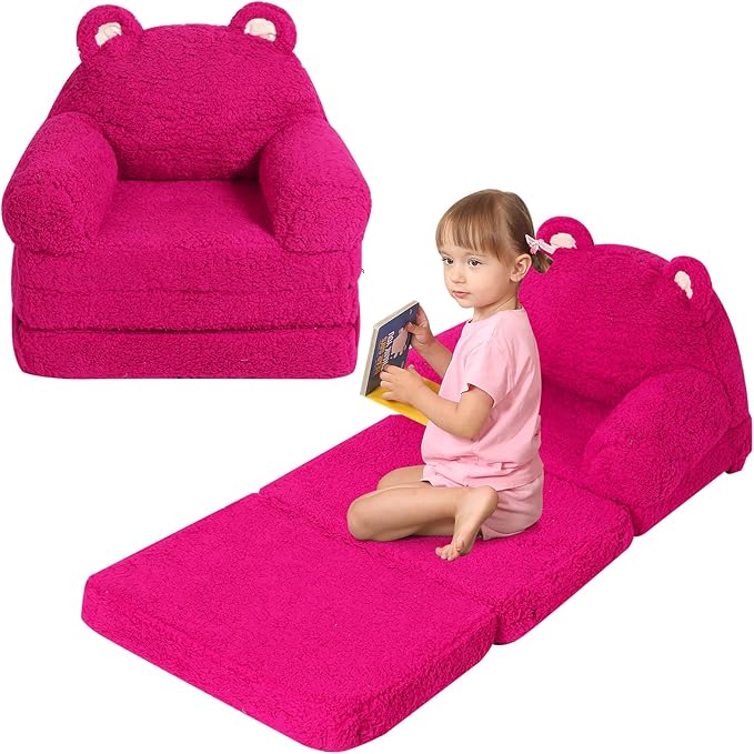 Foldable Kids Sofa, Sherpa Pink Teddy Bear Toddler Couch with Tri Folding Foam Cushions, Comfy Kids Couch for Kids Age 18 Months and Up