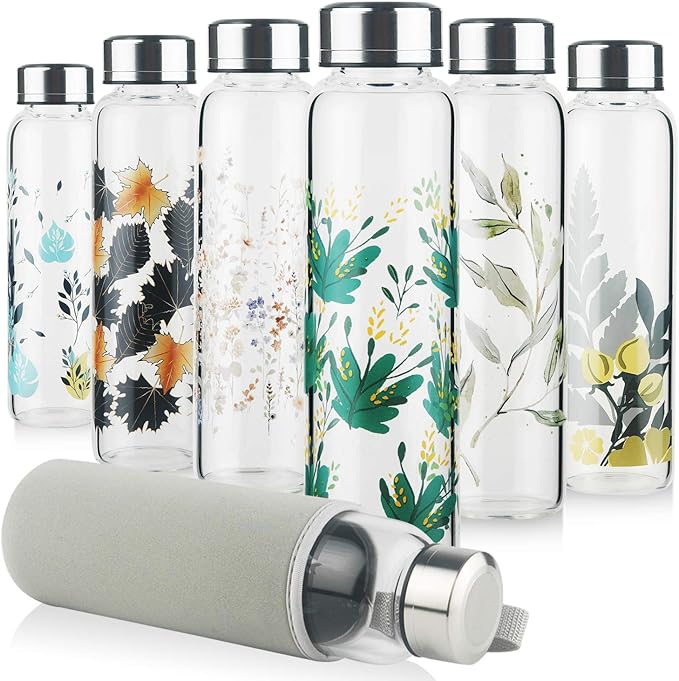 Borosilicate Glass Water Bottle, Sports Glass Drinking Bottle with Neoprene Sleeve and Stainless Steel Lid 16oz / 32oz