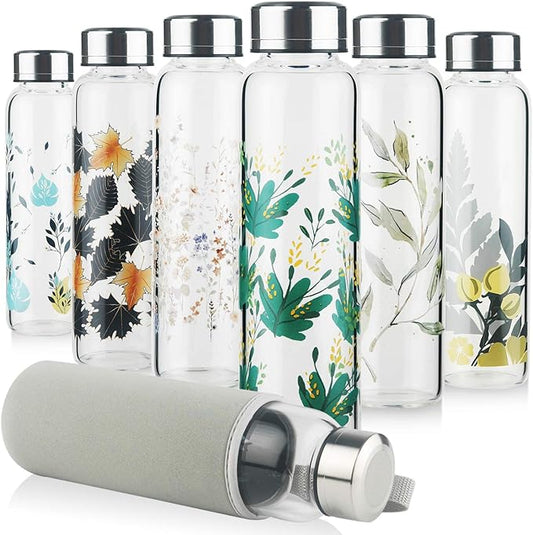 Borosilicate Glass Water Bottle, Sports Glass Drinking Bottle with Neoprene Sleeve and Stainless Steel Lid 16oz / 32oz