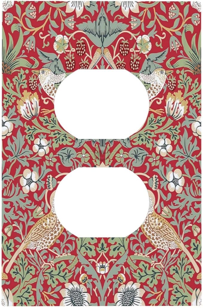 William Morris Strawberry Thief Botanical Red Green Single Duplex Wall Plate Covers Light Switch Cover 1 Gang Outlet Plate Decorative Switchplate Covers Electrical Faceplate for Country Bedroom Decor