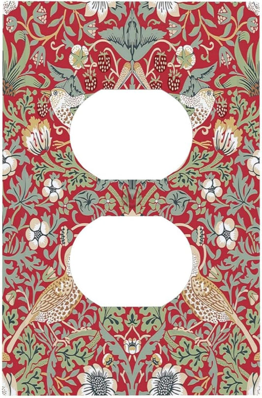William Morris Strawberry Thief Botanical Red Green Single Duplex Wall Plate Covers Light Switch Cover 1 Gang Outlet Plate Decorative Switchplate Covers Electrical Faceplate for Country Bedroom Decor