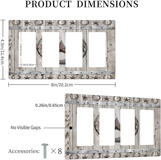Rustic Western Wood Barn Door Horseshoe Iron Star 4 Gang Rocker Decora Light Switch Cover Outlet Covers Wall Plate Decorative Switchplate Electrical Faceplate GFCI for Farmhouse Bedroom Decor