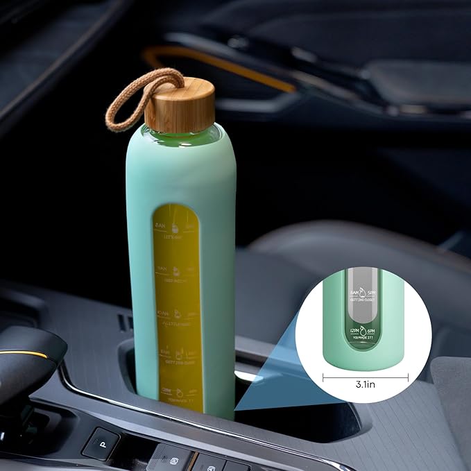 Sursip 32 oz Glass Water Bottle with Time Marker,1 Liter BPA-Free Reusable Motivational Water Bottle with Non-Slip Silicone Sleeve and Bamboo Lid, Ice Cube Tray, Leak-Proof, Dishwasher Safe