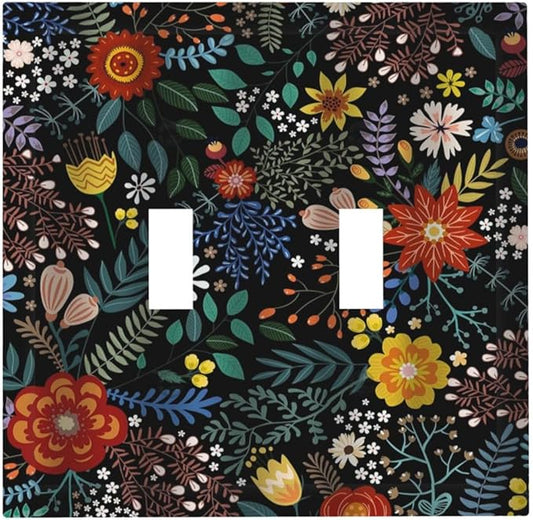 Colorful Flower Boho Floral Rustic Dark Leaves Double Toggle Light Switch Covers 2 Gang Wall Plate Dual Decorative Switchplate Electrical Faceplate for Farmhouse Country Bedroom Kitchen Decor