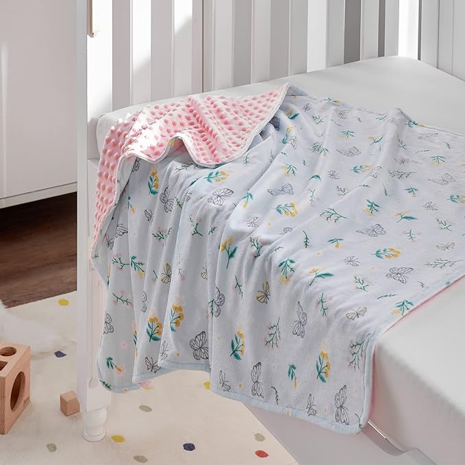 DaysU Silky Micro Soft Plush Baby Blankets for Girls with Print Floral Pattern and Soothing Raised Dots, Double Layer Bed Throws for Baby Crib, Butterfly Floral, Mint Green, 30x40 Inches