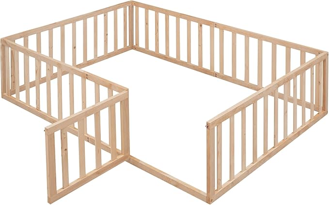 Full Size Floor Bedframe with Door and Safety Guardrails Fence, Solid Wooden Toddler Montessori Platform Bed for Children Bedroom, Boys Girls, Kids Playroom