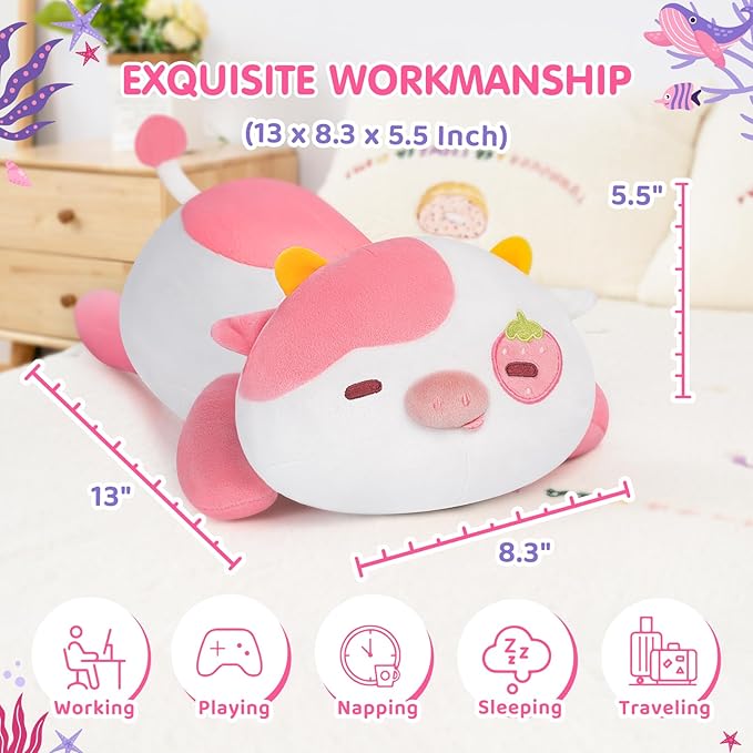 Cute Cow Plush Pillow, Kawaii Plushies Strawberry Cow Stuffed Toys, Squishy Plushies, Cuddle Plush Pillow for Boys & Girls