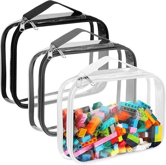 Sanwuta 3 Packs Toy Storage Bags with Zipper, Clear PVC Organizing Bags, Waterproof Toy Bags for Board Games, Building Blocks, Toys and Kids Books (Black, White, Gray,12.6 x 9 x 2.36 Inch)