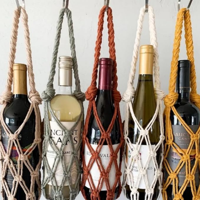 Hand-woven wine storage bag, Bohemian wine hanging bag, Bottle bag, Tote bag, 26 inch (Wine Storage Bag White)