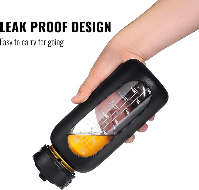 CIVAGO 32 oz Glass Water Bottle with Straw and Handle, Large Sports Motivational Water Bottle Flask with Time Marker and 2 Lids, Leakproof Water Jug Canteen with Silicone Sleeve for Gym,White