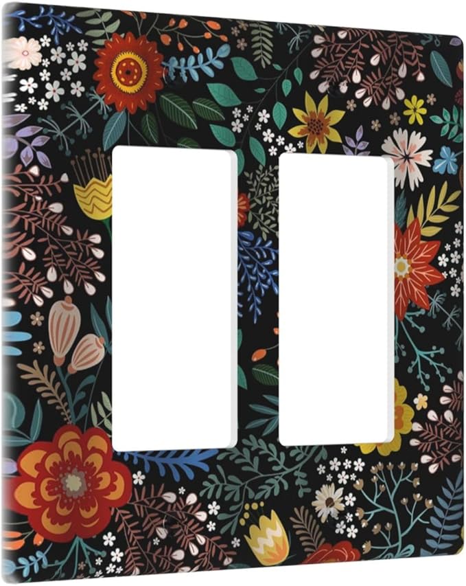 Vintage Colorful Flower Boho Floral Rustic Dark Leaves 2 Gang Rocker Decora Light Switch Covers Dual Outlet Covers Wall Plate Decorative Switchplate Electrical Faceplate GFCI for Farmhouse Bedroom