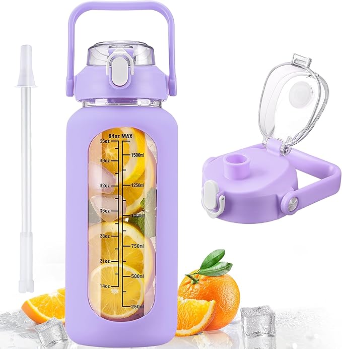 kytffu 64oz Glass Water Bottles with Straw, Half Gallon Motivational Glass Bottle with Silicone Sleeve and Time Marker, 2L Leakproof Large Glass Water Jug for Gym Home Office, Purple