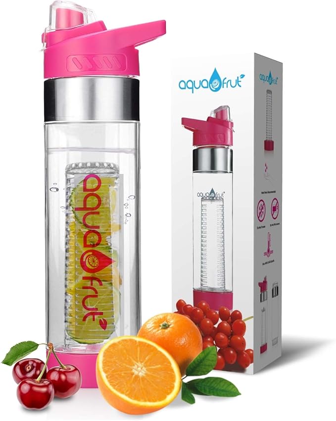NEW AquaFrut Bottom Loading Fruit Infuser Water Bottle - BPA Free Tritan Plastic - Leak Proof - 24 OZ - Infusion Recipe eBook (Pink)