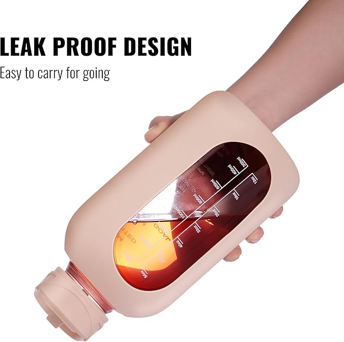 CIVAGO 64 oz Glass Water Bottle Jug with Straw and Handle, Half Gallon Sports Motivational Water Bottle with Time Marker and 2 Lids, Large Water Flask Canteen with Silicone Sleeve for Gym,Beige