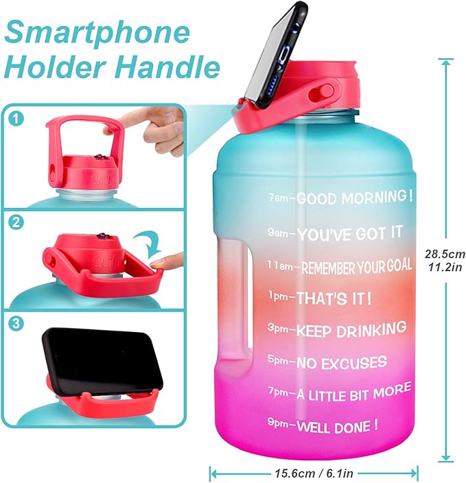 QuiFit 1 Gallon Water Bottle - with Straw & Motivational Time Marker Leak-Proof BPA Free Reusable Gym Sports Outdoor Large(128OZ) Capacity Water Jug(Green/Pink Gradient,1 Gallon)