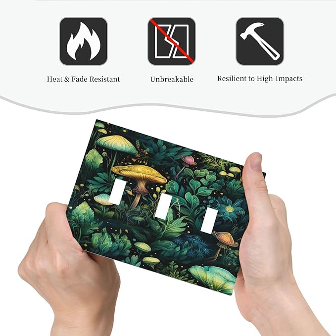 Green Dark Forest Mystical Mushroom 3 Gang Light Switch Covers Triple Toggle Wall Plate Decorative Switchplate Electrical Faceplate for Country Bathroom Bedroom Kitchen Decor