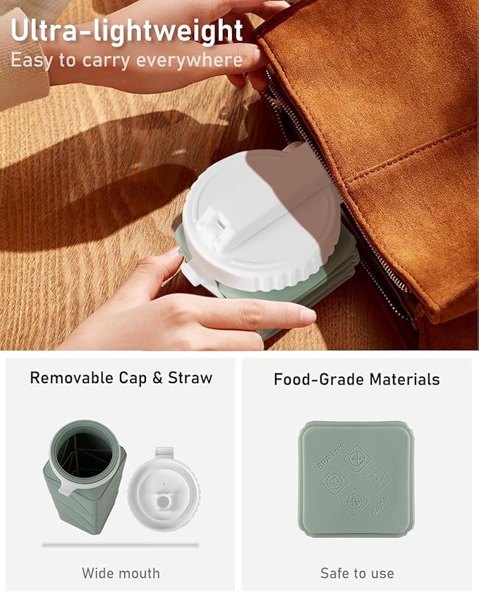 Opard Collapsible Water Bottles 21 Oz - BPA Free, Leak Proof, Foldable Silicone Collapse Water Bottle with Straw, Easy to Compact and Expandable, Travel Essentials Accessories