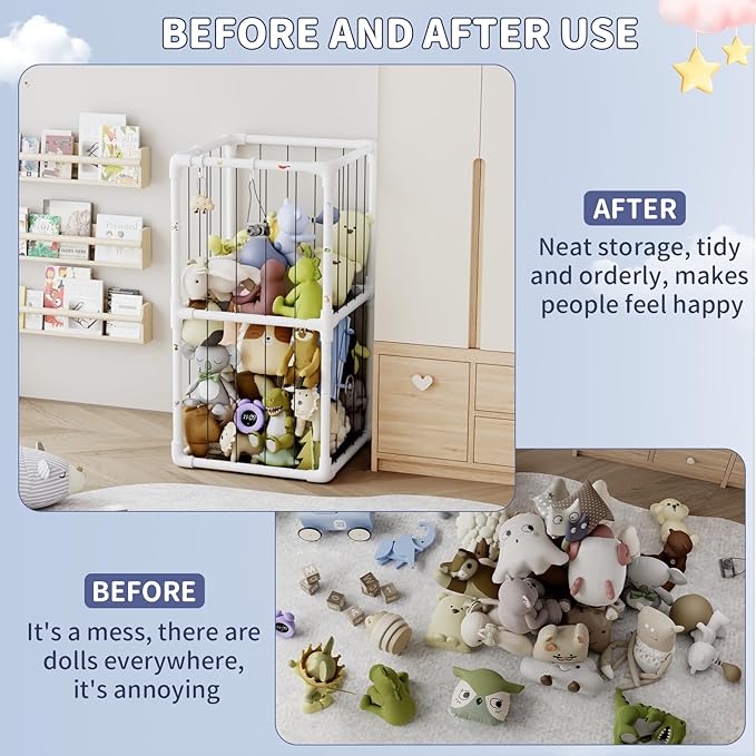 Plush Stuffed Animal Storage Zoo Holder Standing, Kids Toy Storage Organizer Shelves Basket with Nets for Stuffed Animals, Play Room Decor Corner Toy Box Storage. (Thicker Tube)