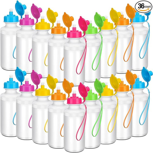 Zubebe 36 Pcs Sports Water Bottles Bulk 20 oz Squeeze Reusable Plastic Water Bottle with Nylon Strap Blank DIY Water Bottles for Kids Adults School Thanks Gift Outdoor Sport Fitness