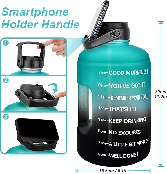 QuiFit Half Gallon Water Bottle - with Straw & Motivational Time Marker Leak-Proof BPA Free Reusable Gym Sports Outdoor Large(73OZ) Capacity Water Jug(Green/Black Gradient,Half Gallon)