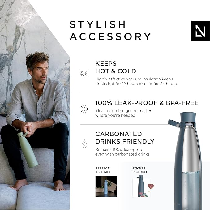 LARS NYSØM Stainless Steel Insulated Water Bottle 25oz 34oz | BPA-free Insulated Thermo Flask for Hot and Cold Beverages | Leakproof Drinking Bottle (Blue Stone, 34oz)