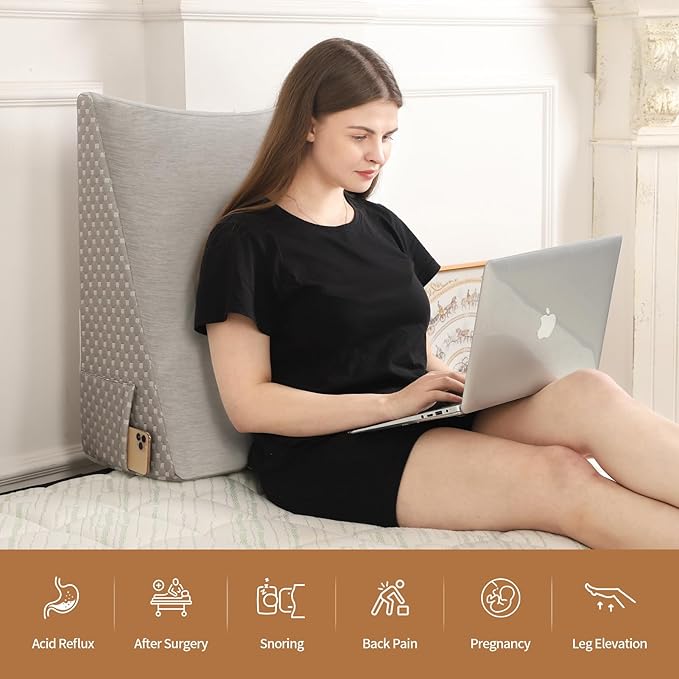 Wedge Pillow for Sleeping, 10 Inch Cooling Triangle Bed Pillow with Removable Cover, Elevated Body Pillow Wedge for Back Support, After Leg Surgery, Snoring, Acid Reflux, Grey