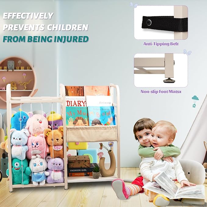 Trycooling Stuffed Animal Storage with Kids Bookshelf Book and Toy Organizer for Kids 3-Tier Bookshelf Organize Books with Elastic Cord Stuffed Animal Holder for Plushie Toys, for Kids Room, Playroom