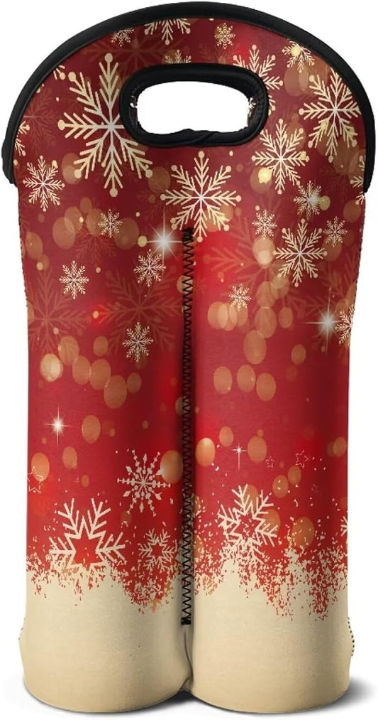 doginthehole Christmas Decorations Wine Carrier Tote Bag 2 Bottle Portable Neoprene Wine Tote Holders, Xmas Red Golden Snowflake Wine Carrying Case Bag for Wine/Beer/Champagne/Water/Drinks