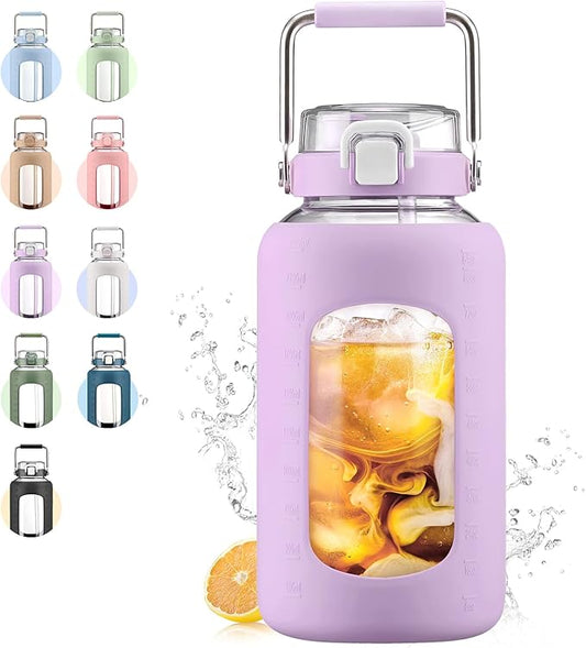 84oz Glass Water Bottle with Stainless Steel Handle,2.5L Gallon Water Bottle With 2-IN-1 Straw Lid, Silicone Sleeve and Motivational Capacity Marker, Wide Mouth Water Jug For Gym, Purple
