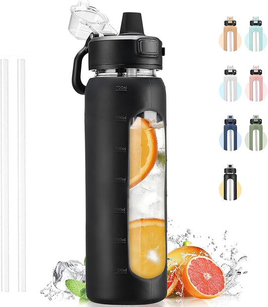 Kodrine Water Bottle With Straw and Carry Handle, Glass Water Bottle 24 oz Leak Proof Locking Lid with Soft Silicone Spout, Small Clear Water Bottle, Travel Sports Water Jug, Time Marker, Black