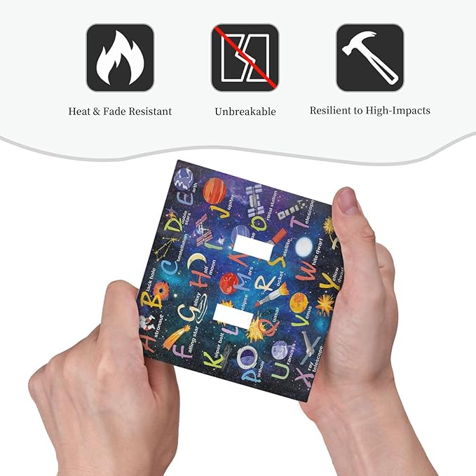 ABC Outer Space Double Toggle Light Switch Cover Decorative Alphabet Galaxy Boys Educational 2 Gang Wall Plate Electrical Faceplate Switchplate for Kidroom Nursery Boyroom Living Room Decor