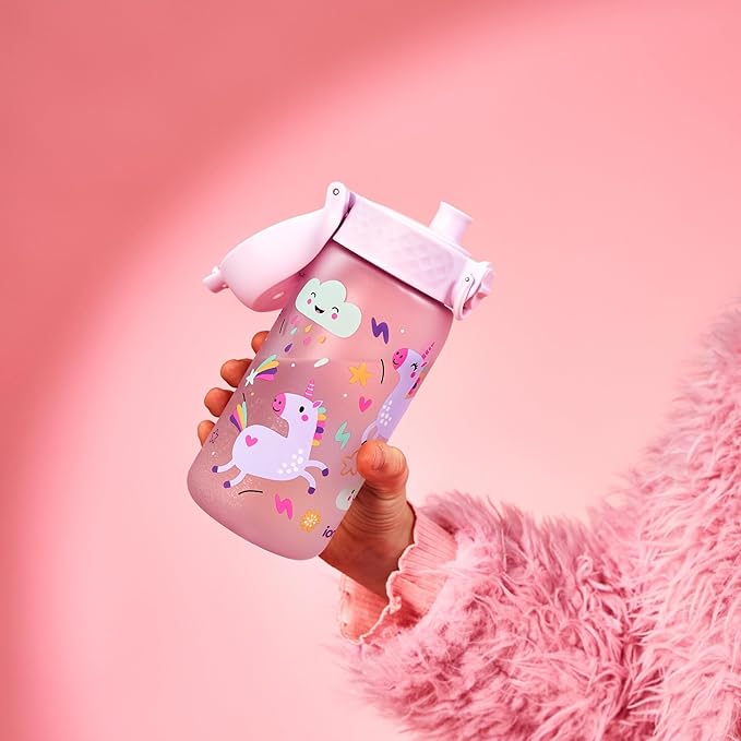 Ion8 Small Water Bottle, 350 ml/12 oz, Leak Proof, Easy to Open, Secure Lock, Dishwasher Safe, BPA Free, Carry Handle, Hygienic Flip Cover, Easy Clean, Odor Free, Carbon Neutral, Pink, Unicorn Design
