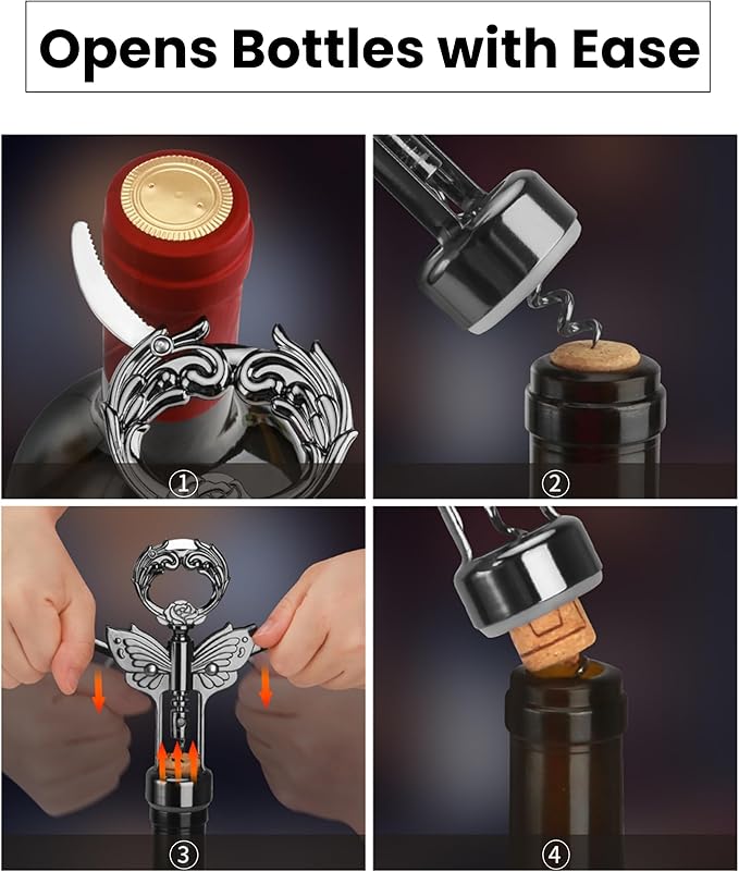 Wine Opener, 3 in 1 Zinc Alloy Premium Wing Corkscrew Wine Bottle Opener with Multifunctional Bottles Opener and Serrated Foil Cutter for Wine and Beer (Black)