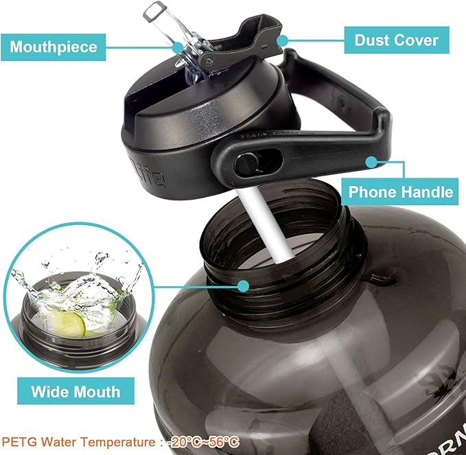 QuiFit 1 Gallon Water Bottle - with Straw & Motivational Time Marker Leak-Proof BPA Free Reusable Gym Sports Outdoor Large(128OZ) Capacity Water Jug(Black,1 Gallon)