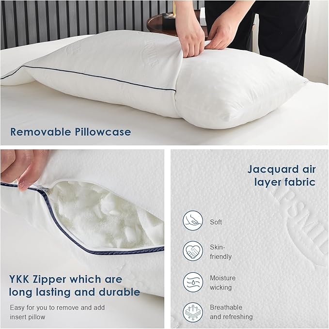 APSMILE Adjustable Shredded Memory Foam Pillows, Luxury Cooling Pillows for Neck Pain, Hotel Bed Pillows for Sleeping, Essentials King Size Pillows for Side/Back Sleeper (White,18"x34")