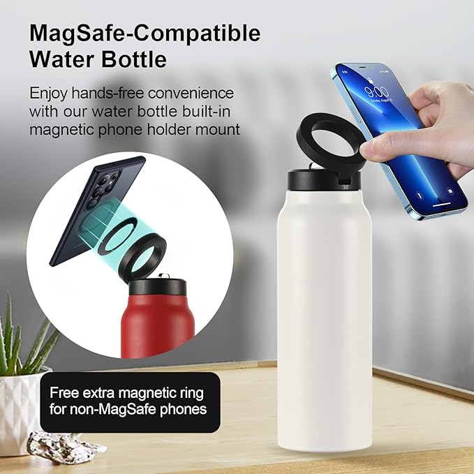 Insulated Water Bottle with Magnetic Phone Holder Compatible with MagSafe and iPhone, Stainless Steel Water Bottle Phone Mount For Sports Travel School, Hot 12H Cold 24H, 24oz (Navy Blue)