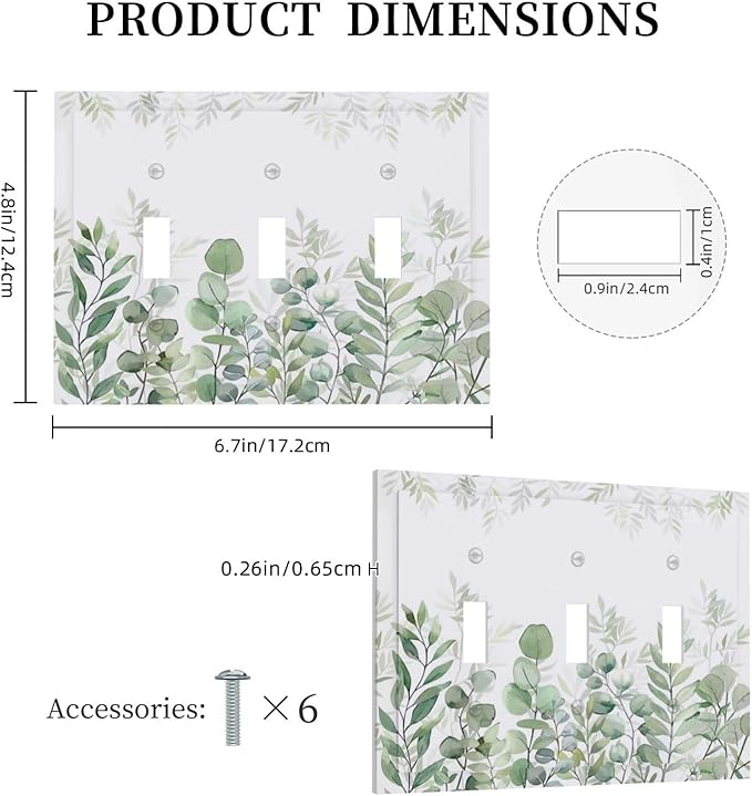 Green Eucalyptus Rustic Botanical Plant Leaves 3 Gang Boho Light Switch Covers Decorative Triple Toggle Wall Plate Electrical Faceplate Switchplate for Country Bathroom Bedroom Decor