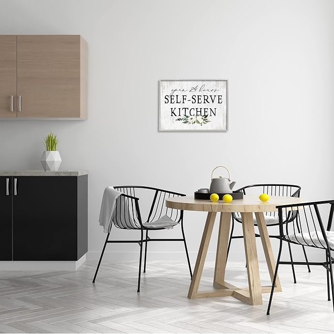 Stupell Industries Self-Serve Kitchen Sign White Flowers 24 Hours Grey Framed Wall Art, 20 x 16