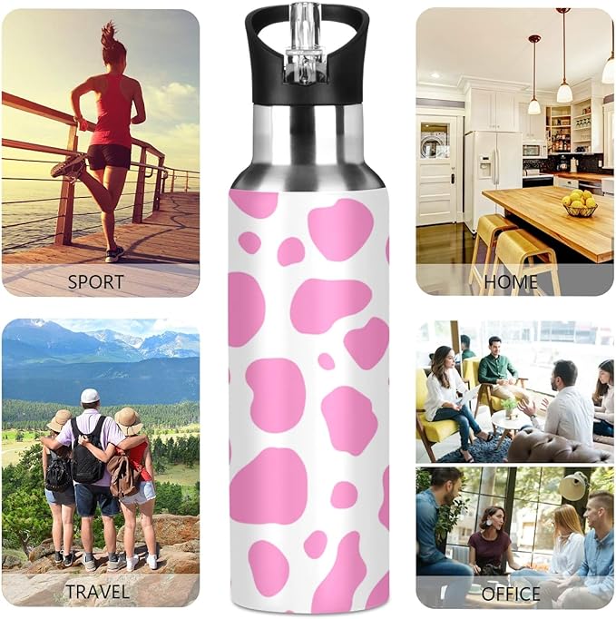 Qilmy Black and White Leopard Water Bottle Vacuum Insulated Stainless Steel Water Bottles with Straw Lid Leakproof Wide Mouth Water Flask for Fitness Outdoor Sports, 20 oz
