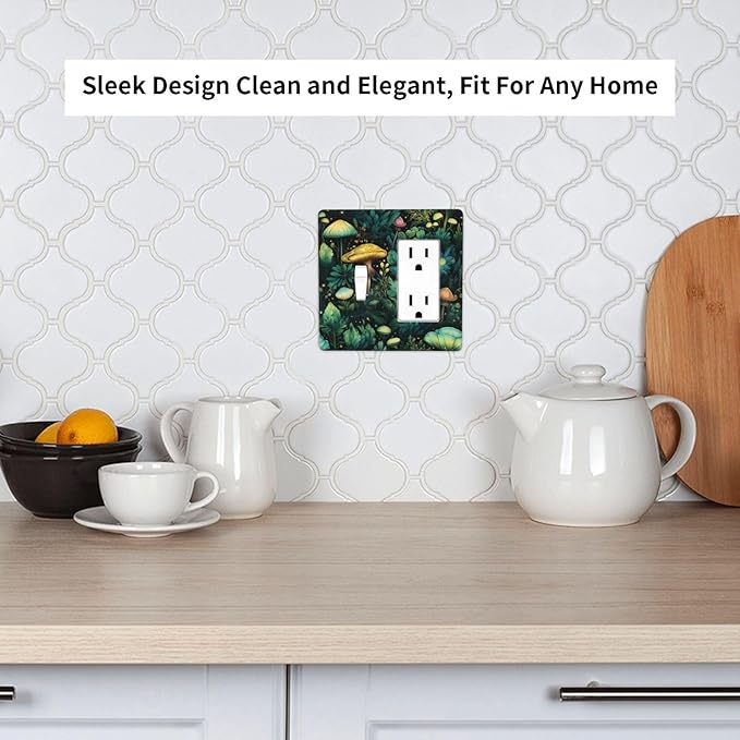 Green Dark Forest Mystical Mushroom 2 Gang Single Toggle Rocker Combination Light Switch Covers Wall Plate Cover Electrical Faceplate Decorative Switchplate for Country Bathroom Bedroom Decor