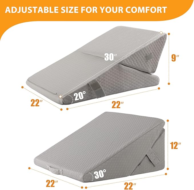 Bed Wedge Pillow for Sleeping, 9&12 Inch Wedge Pillow for Back Pain Relief, Adjustable 7-in-1 Memory Foam Triangle Pillow for Back and Leg Support, Acid Reflux, Snoring & Gerd, Grey