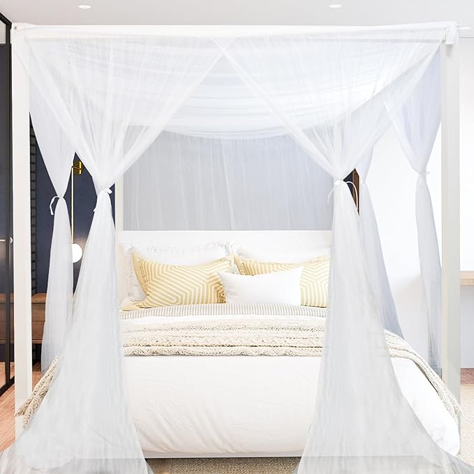 tupi White Canopy Bed Curtains for King/Queen Size Bed, 4 Corner Adult Bed Canopy, Ultra Elegant Bed Curtain Drapes Bedroom Decor, Stylish Polyester Netting Canopy, Easy Installation